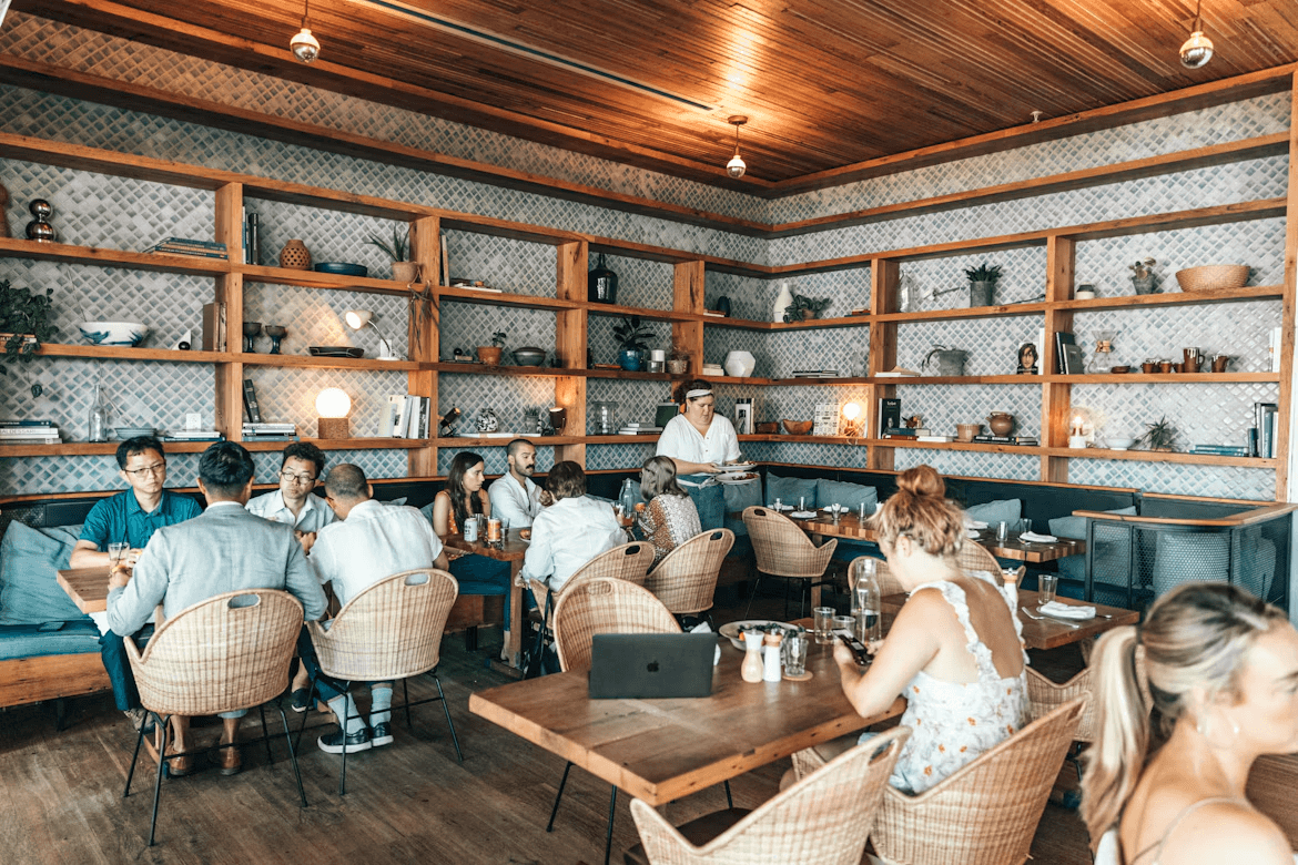 People sitting at tables in a unique restaurant