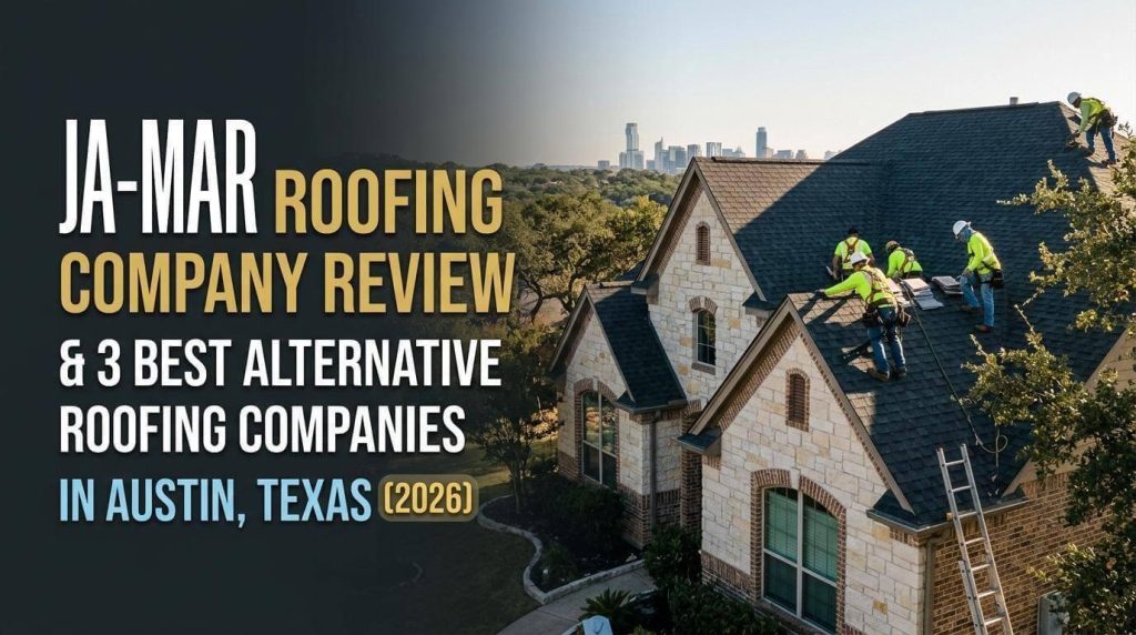 Two men perform roof repair on a house