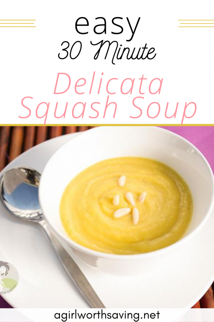 You'll love every bite of this Delicata Squash soup that whips up in 30 minutes! It's thick, creamy, and dairy-free to boot! Warm-up those cold winter days with this simple soup recipe.