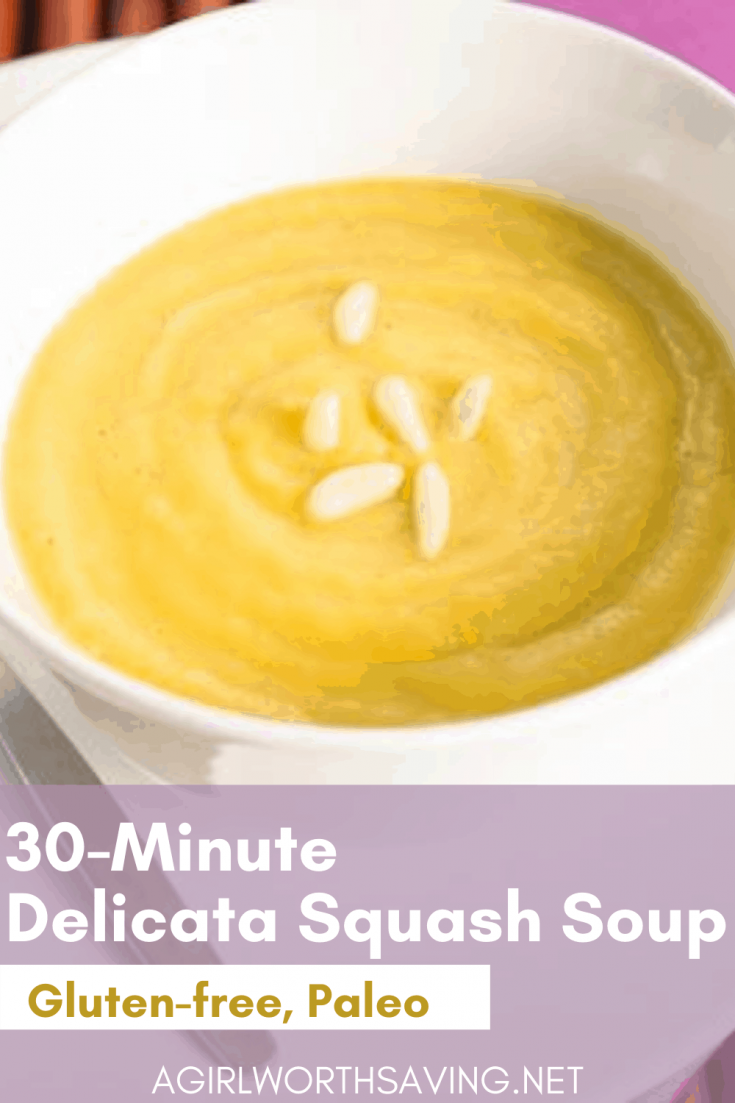You'll love every bite of this Delicata Squash soup that whips up in 30 minutes! It's thick, creamy, and dairy-free to boot! Warm-up those cold winter days with this simple soup recipe.