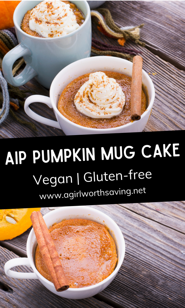 If you love pumpkin as much as I do, you’ll love this aip mug cake recipe.  It takes 5 minutes to make and the result is a moist, pumpkin-y muffin! No oven required for this recipe, and it makes a delicious single-serving aip pumpkin mug cake that is the perfect allergy-free treat when the weather gets crisp.