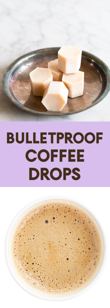 bulletproof coffee drops on a plate with text overlay