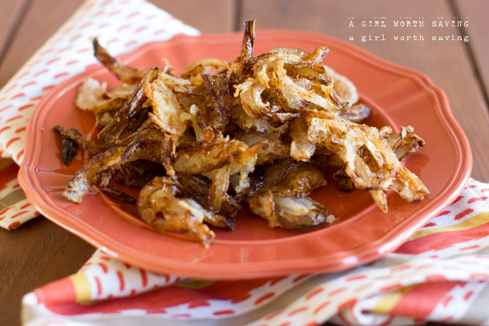 homemade fried onions on a plate for topping of your gluten free green bean casserole