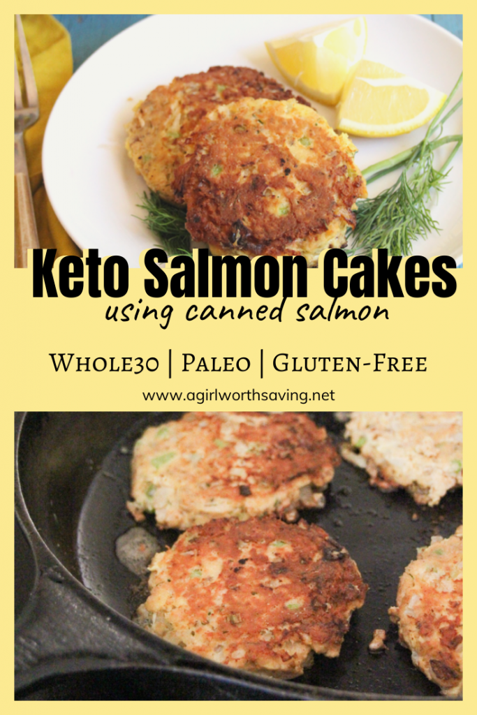 Keto salmon cakes on a plate and in a pan with text overlay between the images