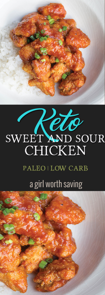 Keto Sweet and Sour Chicken covered in Keto Sweet and Sour Sauce on a plate with text overlay