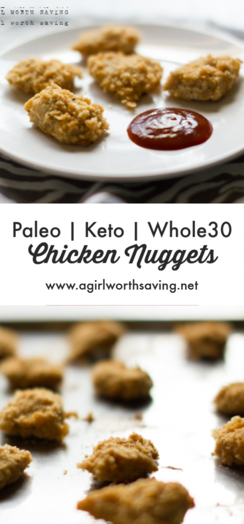 keto chicken nuggets on a baking sheet with text overlay