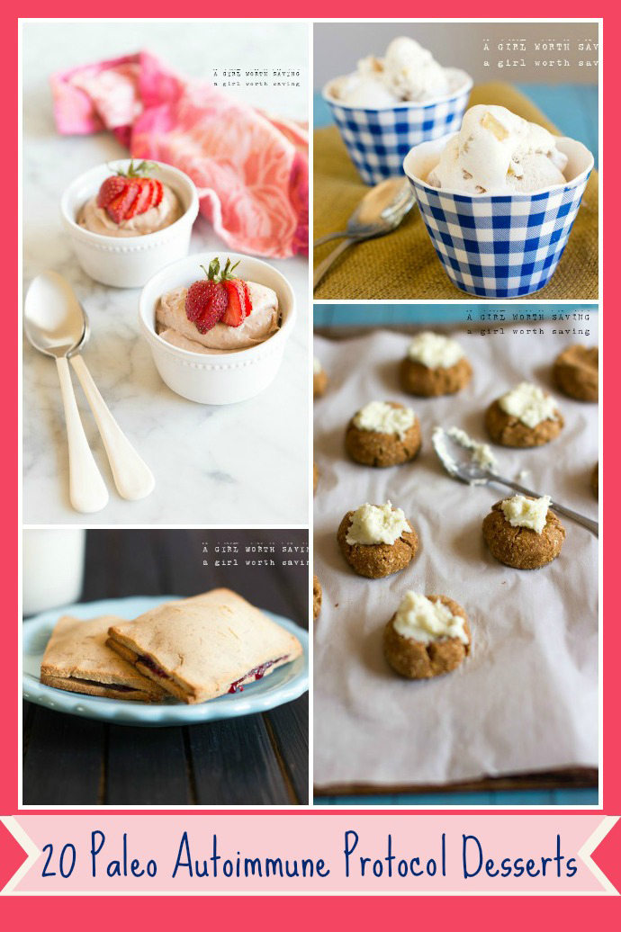 Photo collage of AIP Desserts strawberry mousse, apple pie ice cream and pumpkin spice cookies, paleo pop tarts with text overlay