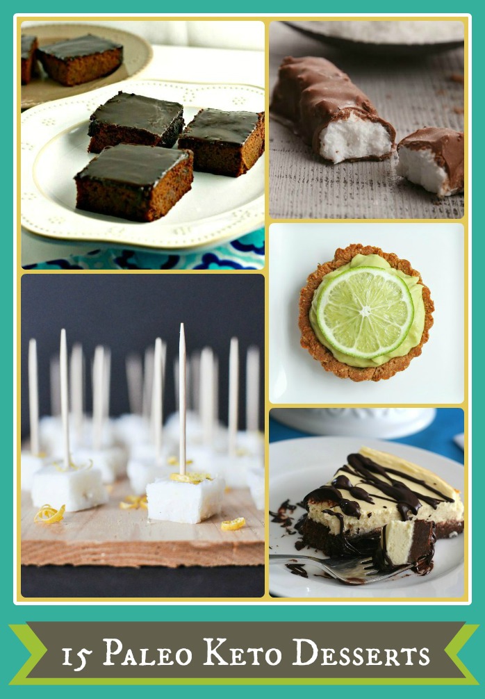 Collage of Keto Desserts showing keto brownies, keto candy bars, Keto cheesecake and keto fudge with text overlay