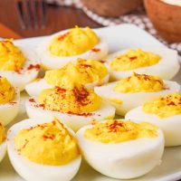 close up of a plate of keto deviled eggs